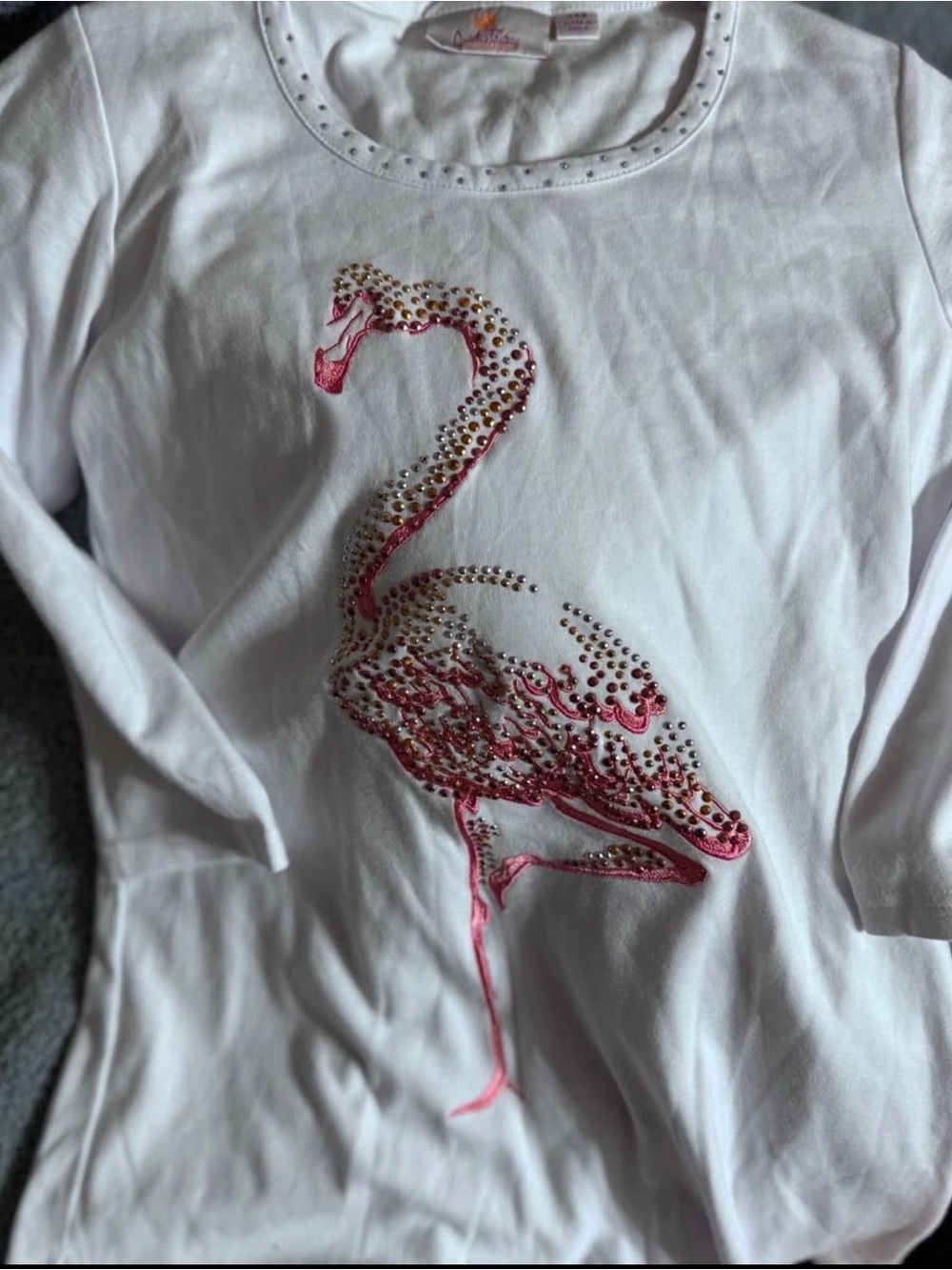 White Short-Sleeve Tee with Pink Flamingo and Gold Stud Accents
